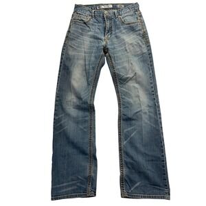 BKE Tyler Mens Straight Leg Jeans 29R Medium Wash Heavy Stitch Distressed Denim